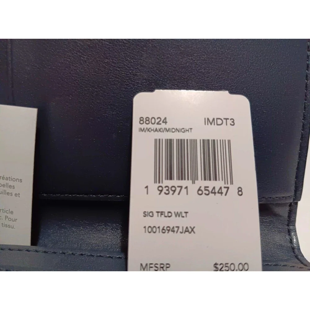 COACH Trifold Wallet Mid-Night Blue Leather / Signature Tan Canvas 88024